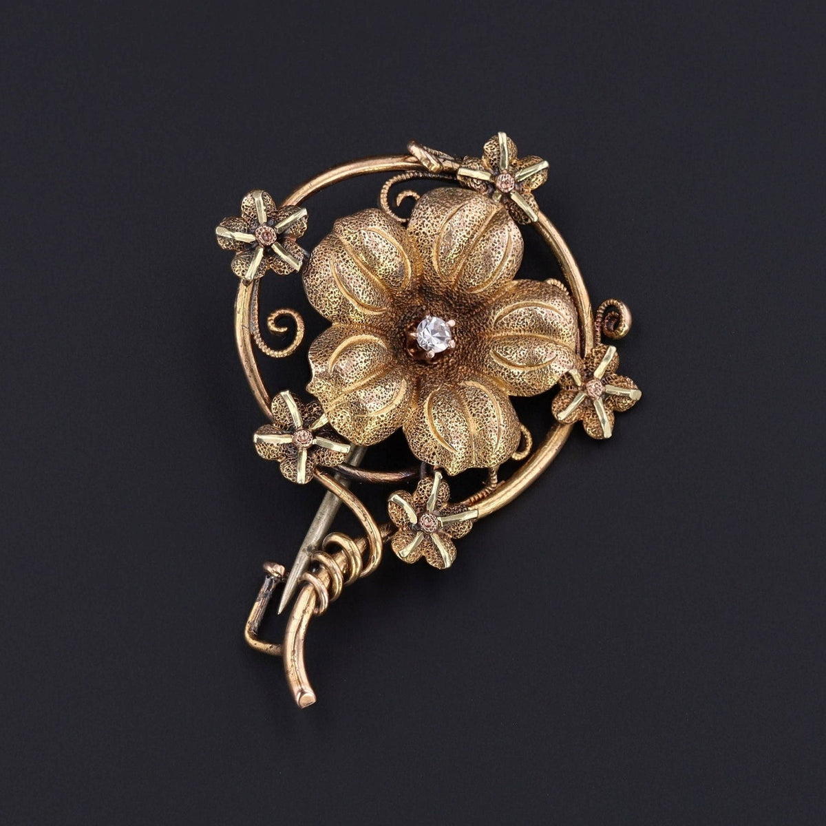 Antique Flower Brooch | Antique 10k Gold &amp; Diamond Brooch - Trademark Antiques