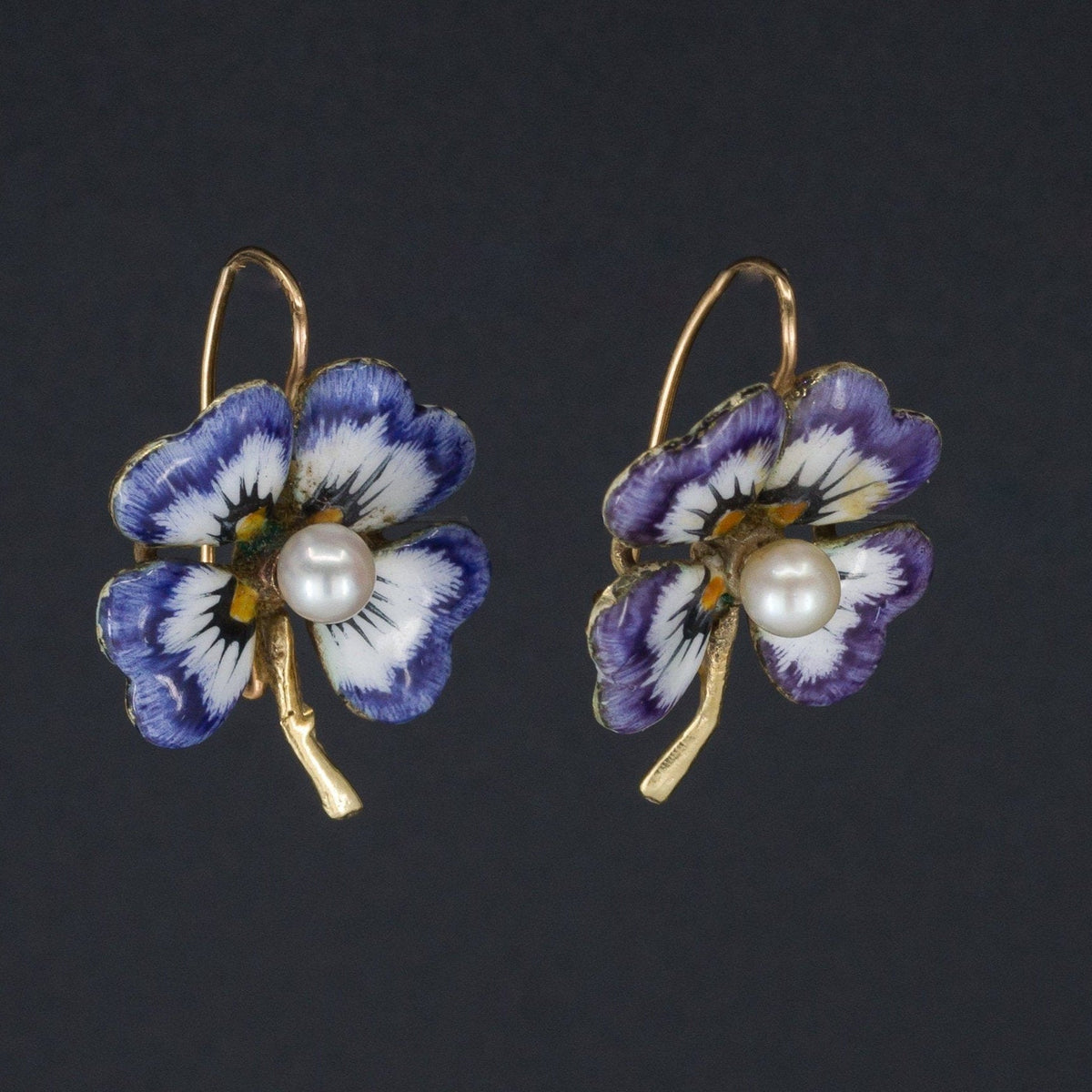Antique Flower Earrings | Enamel &amp; Pearl Flower Earrings - Trademark Antiques