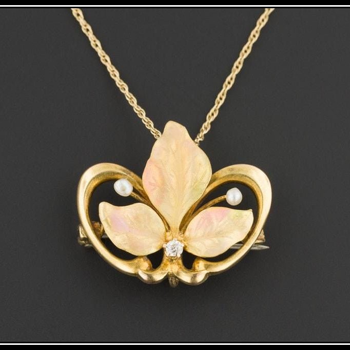 Antique Flower Necklace | 10k Gold Antique Brooch or Pendant on 14k Gold Chain - Trademark Antiques