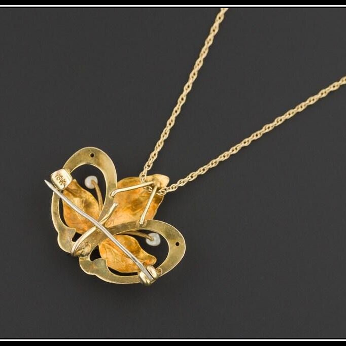 Antique Flower Necklace | 10k Gold Antique Brooch or Pendant on 14k Gold Chain - Trademark Antiques