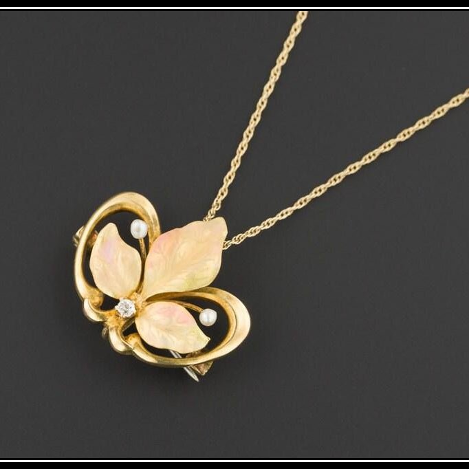 Antique Flower Necklace | 10k Gold Antique Brooch or Pendant on 14k Gold Chain - Trademark Antiques
