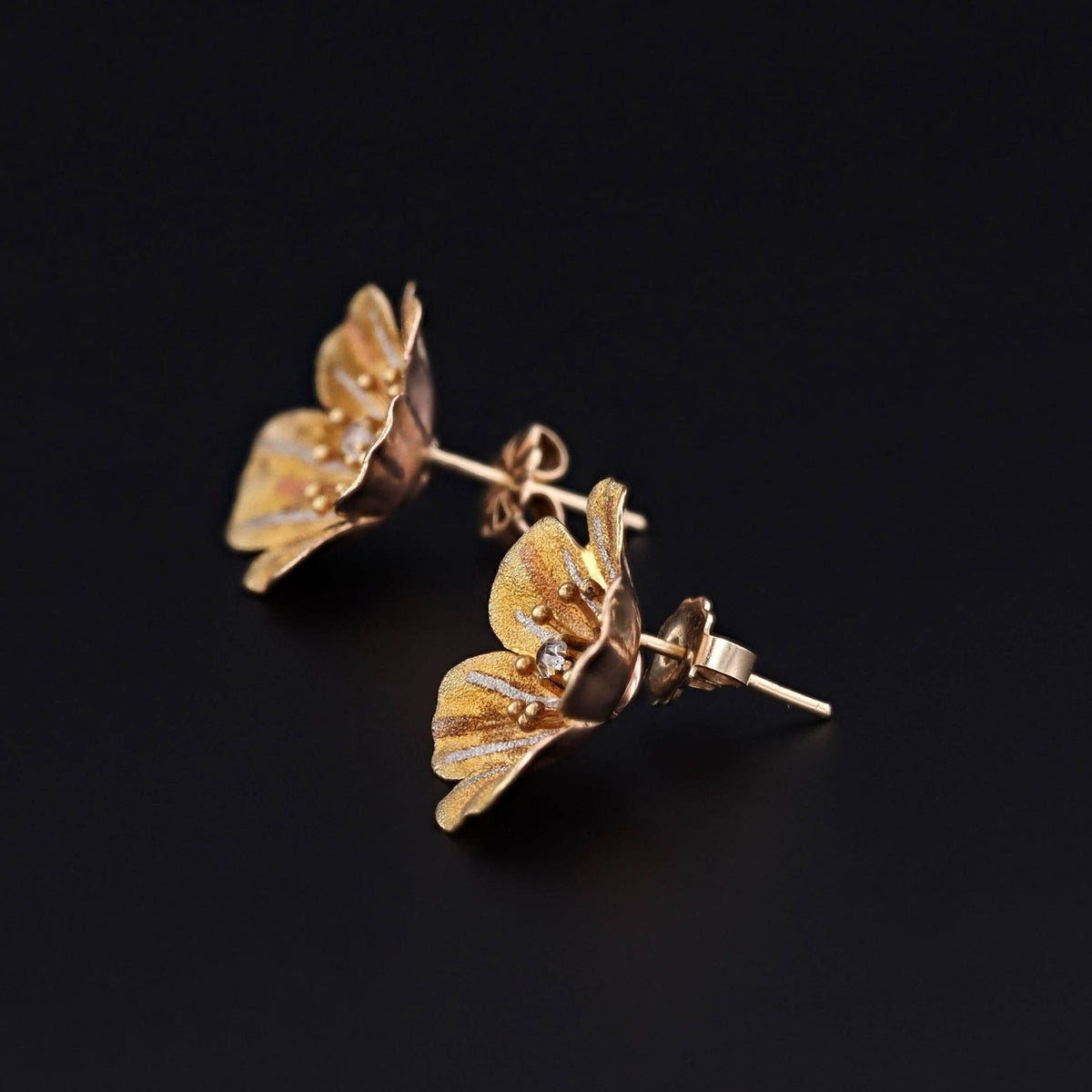 Antique Flower with Diamond Conversion Earrings of 14k Gold - Trademark Antiques