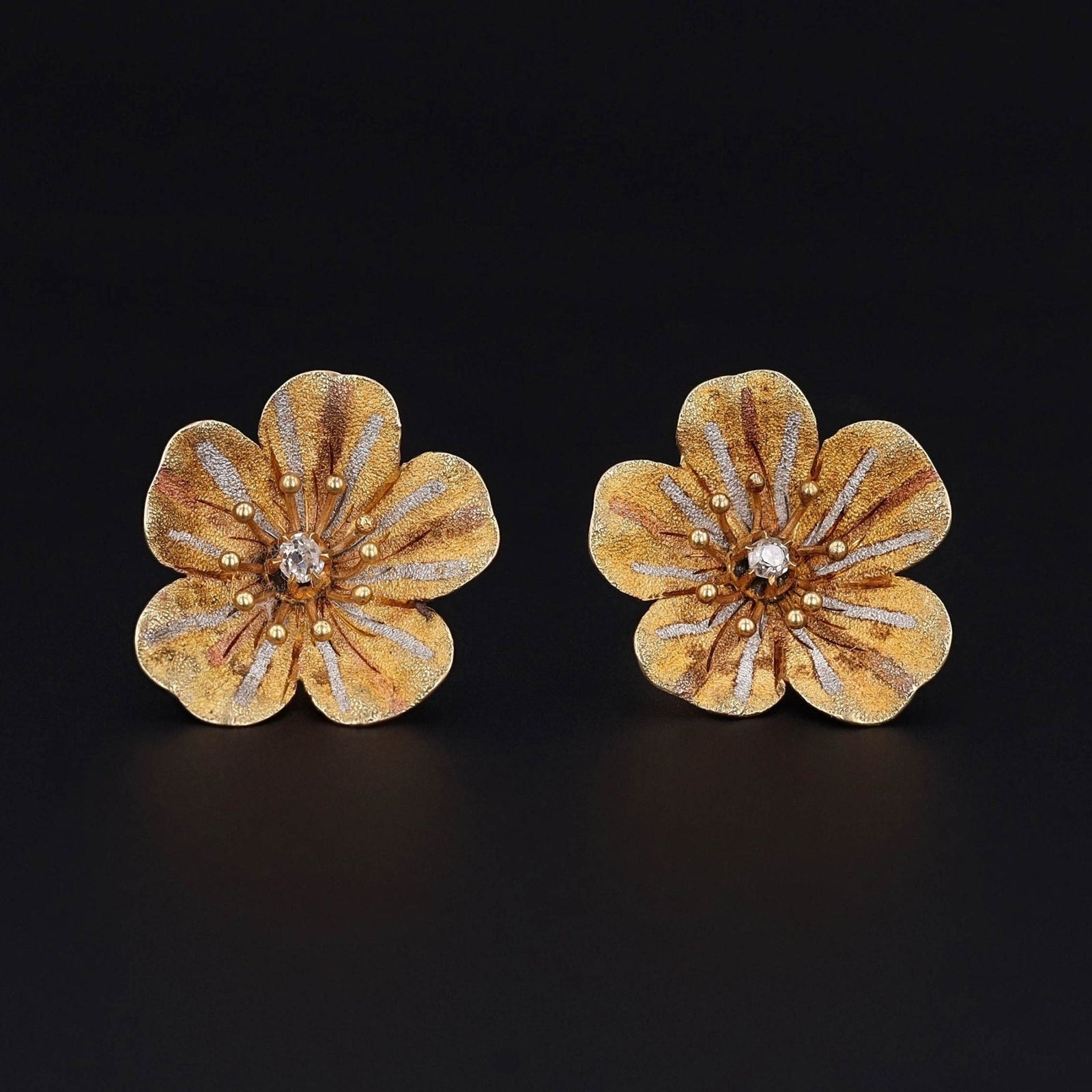 Antique Flower with Diamond Conversion Earrings of 14k Gold - Trademark Antiques