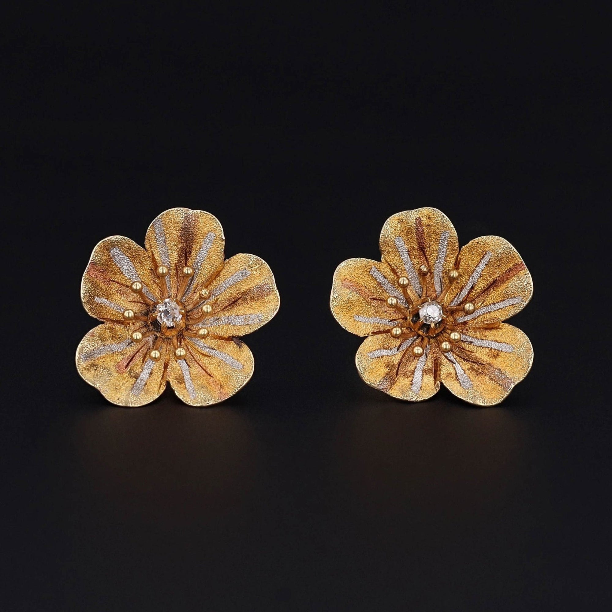 Antique Flower with Diamond Conversion Earrings of 14k Gold - Trademark Antiques