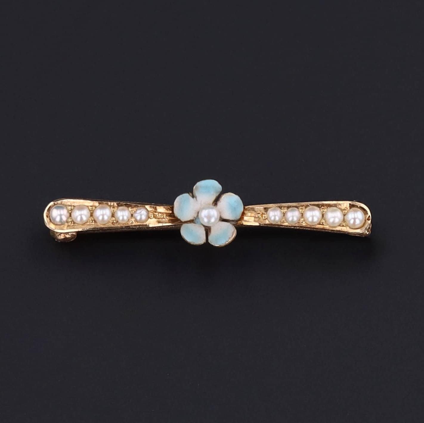 Antique Forget - Me - Knot Lace Pin | 14K Gold Pearl & Enamel Pin - Trademark Antiques