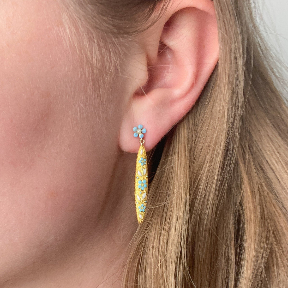 Antique Forget - me - not Flower Earrings of 14k Gold - Trademark Antiques