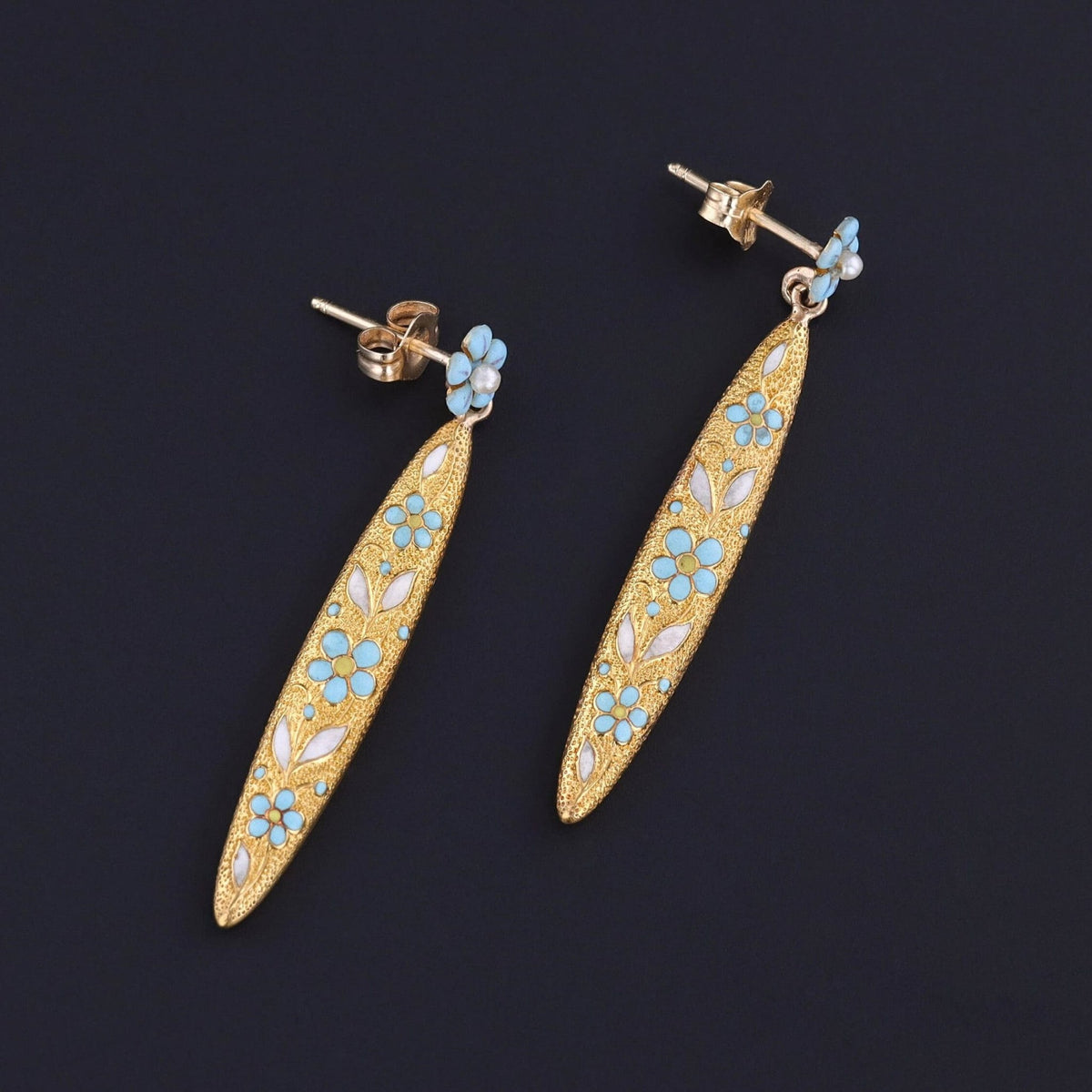 Antique Forget - me - not Flower Earrings of 14k Gold - Trademark Antiques