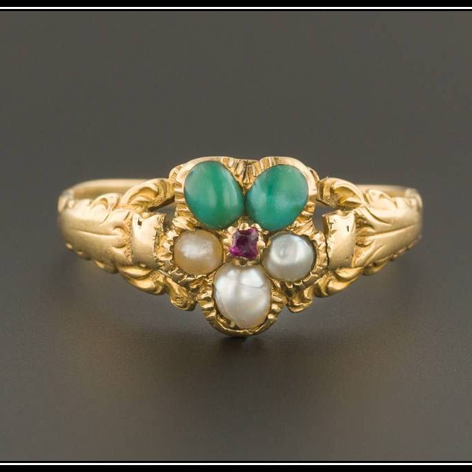 Antique Forget - Me - Not Flower Ring | Turquoise & Pearl Flower Ring - Trademark Antiques