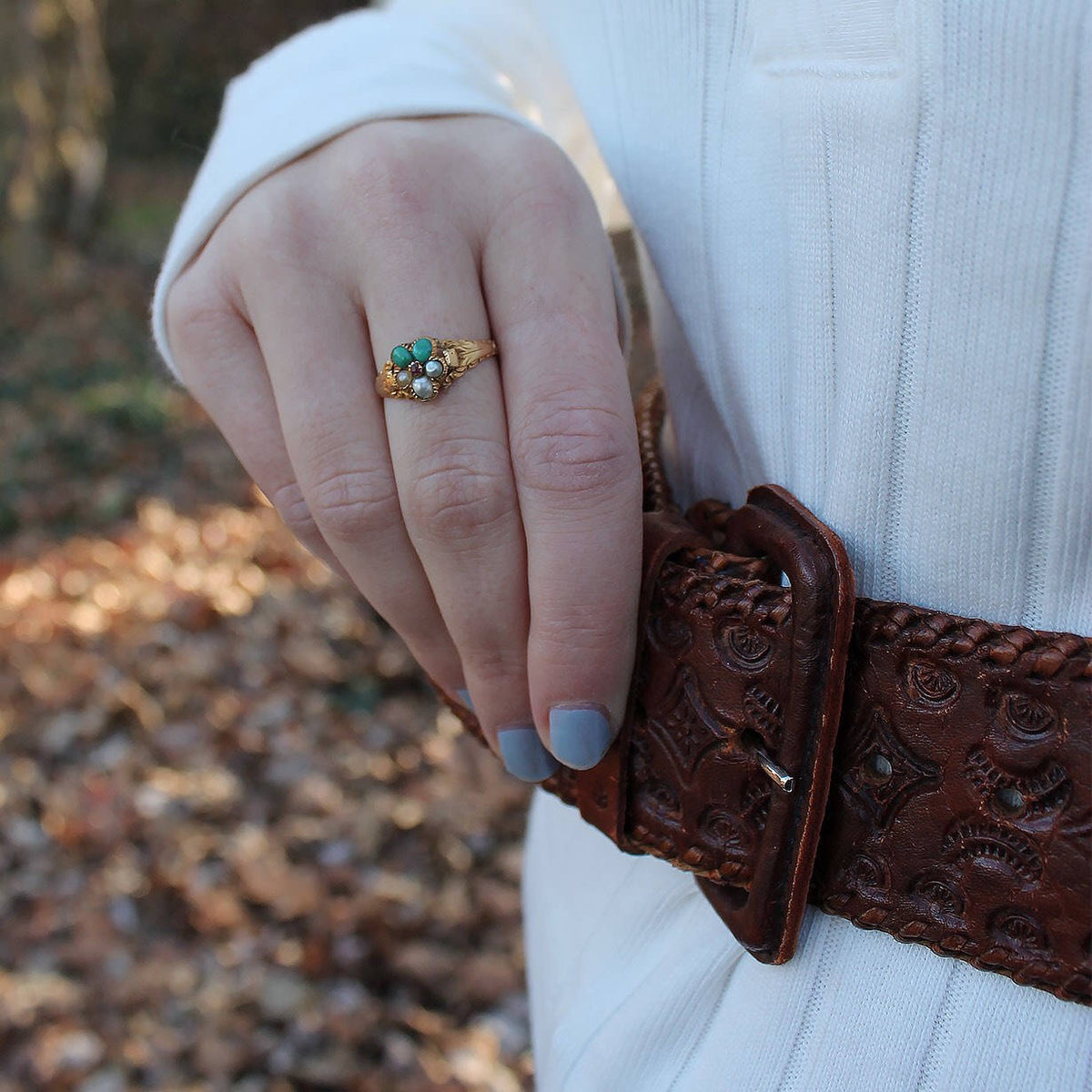 Antique Forget - Me - Not Flower Ring | Turquoise &amp; Pearl Flower Ring - Trademark Antiques