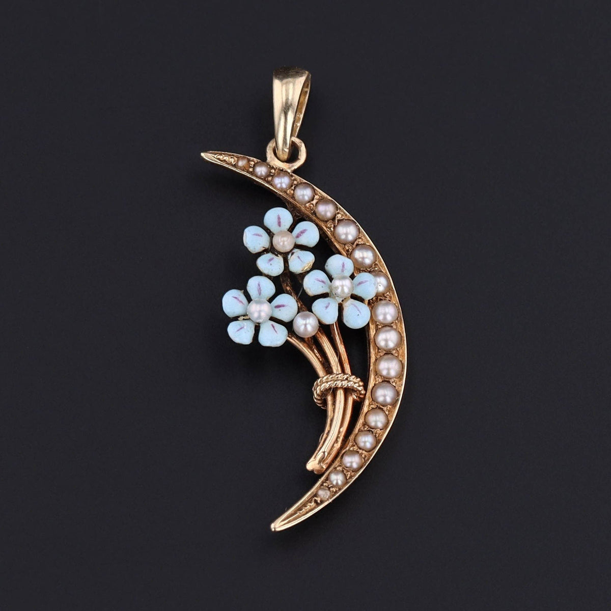 Antique Forget - me - not Pendant | 14k Gold, Enamel &amp; Pearl Crescent Pendant - Trademark Antiques