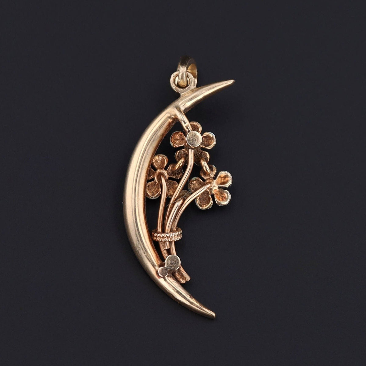Antique Forget - me - not Pendant | 14k Gold, Enamel &amp; Pearl Crescent Pendant - Trademark Antiques