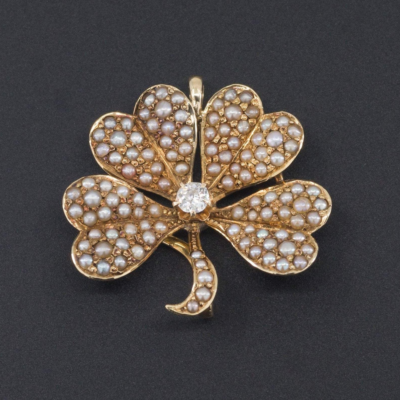 Antique Four Leaf Clover Pendant | Pearl & Diamond Clover Pendant - Trademark Antiques