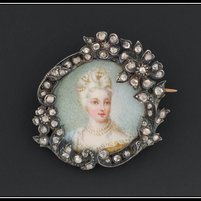 Antique French Portrait Miniature Brooch, Silver Topped 18k Gold &amp; Rose Cut Diamond Pin - Trademark Antiques
