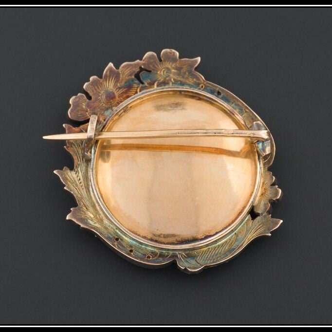 Antique French Portrait Miniature Brooch, Silver Topped 18k Gold &amp; Rose Cut Diamond Pin - Trademark Antiques