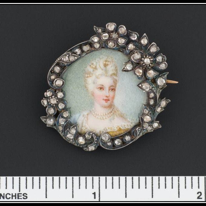 Antique French Portrait Miniature Brooch, Silver Topped 18k Gold &amp; Rose Cut Diamond Pin - Trademark Antiques
