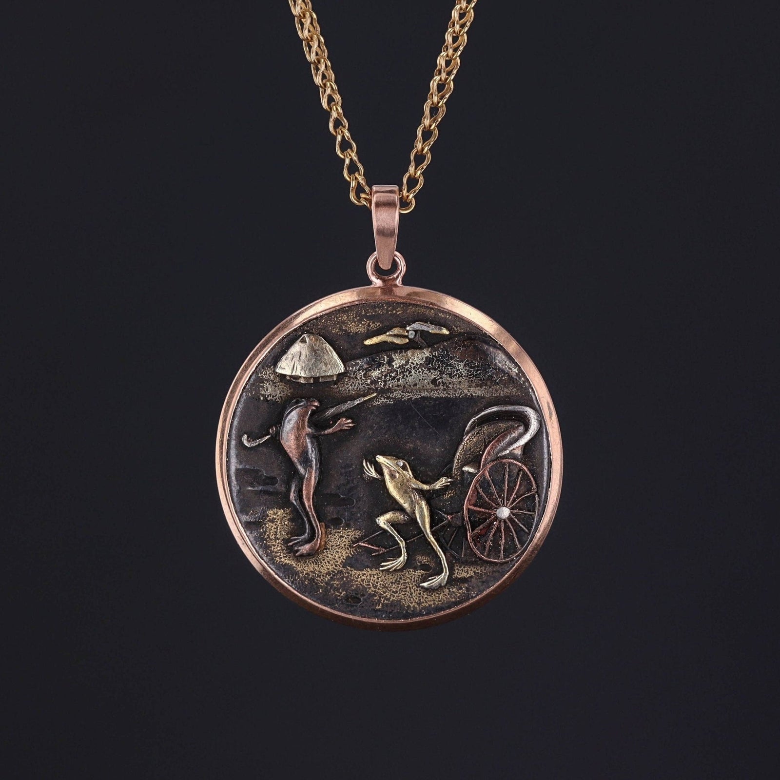 Antique Frog Shakudo Pendant Mounted in 14k Rose Gold - Trademark Antiques