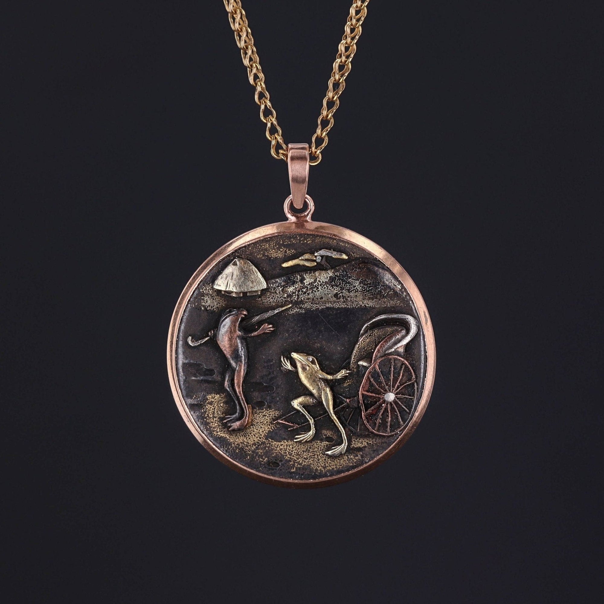 Antique Frog Shakudo Pendant Mounted in 14k Rose Gold - Trademark Antiques