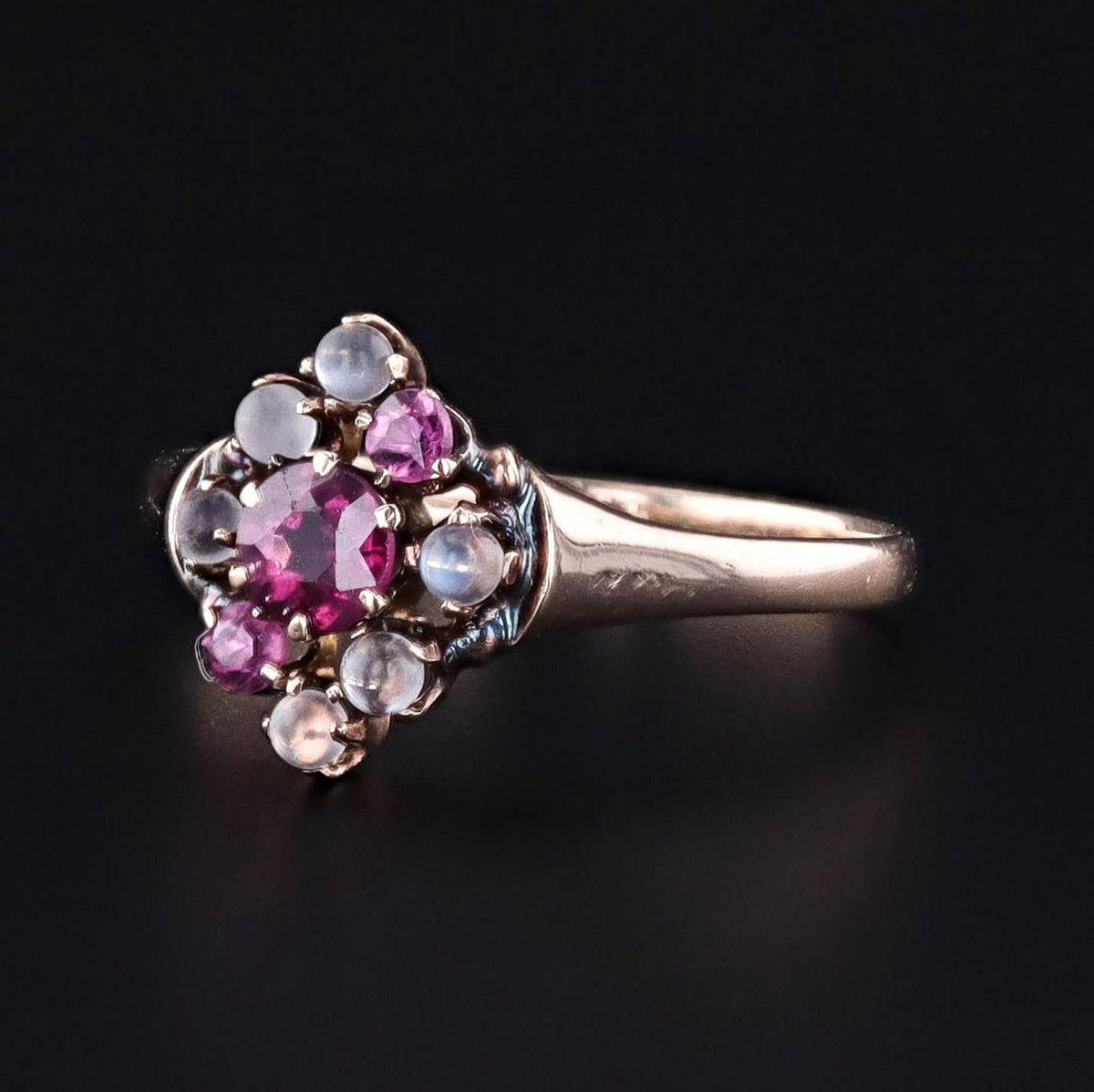 Antique Garnet and Moonstone Ring of 10k Gold - Trademark Antiques