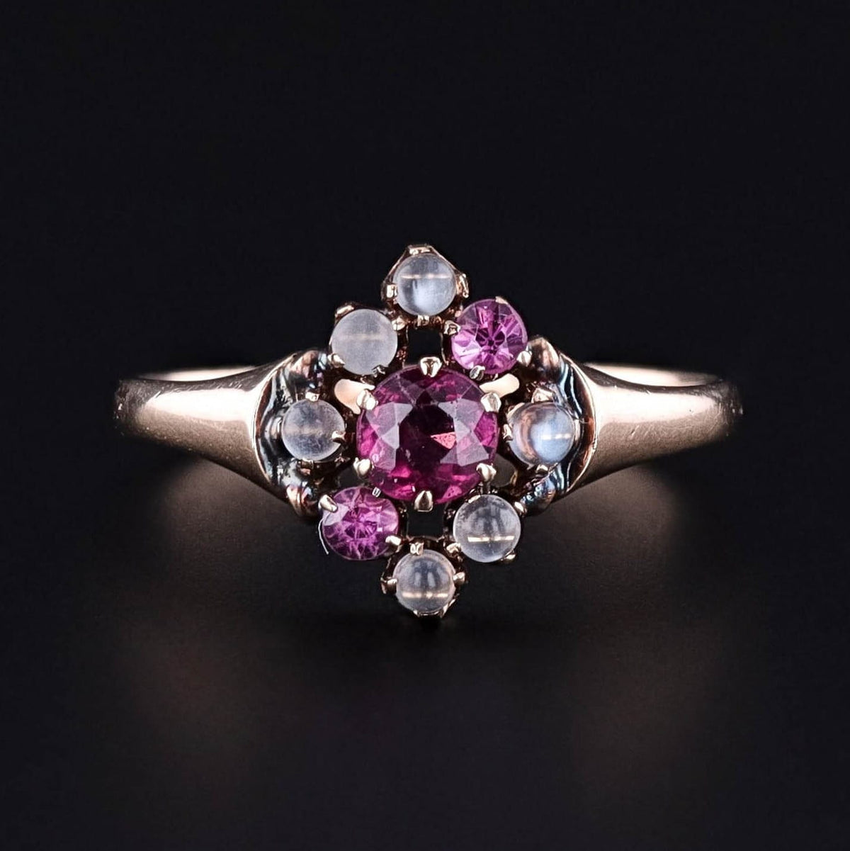 Antique Garnet and Moonstone Ring of 10k Gold - Trademark Antiques