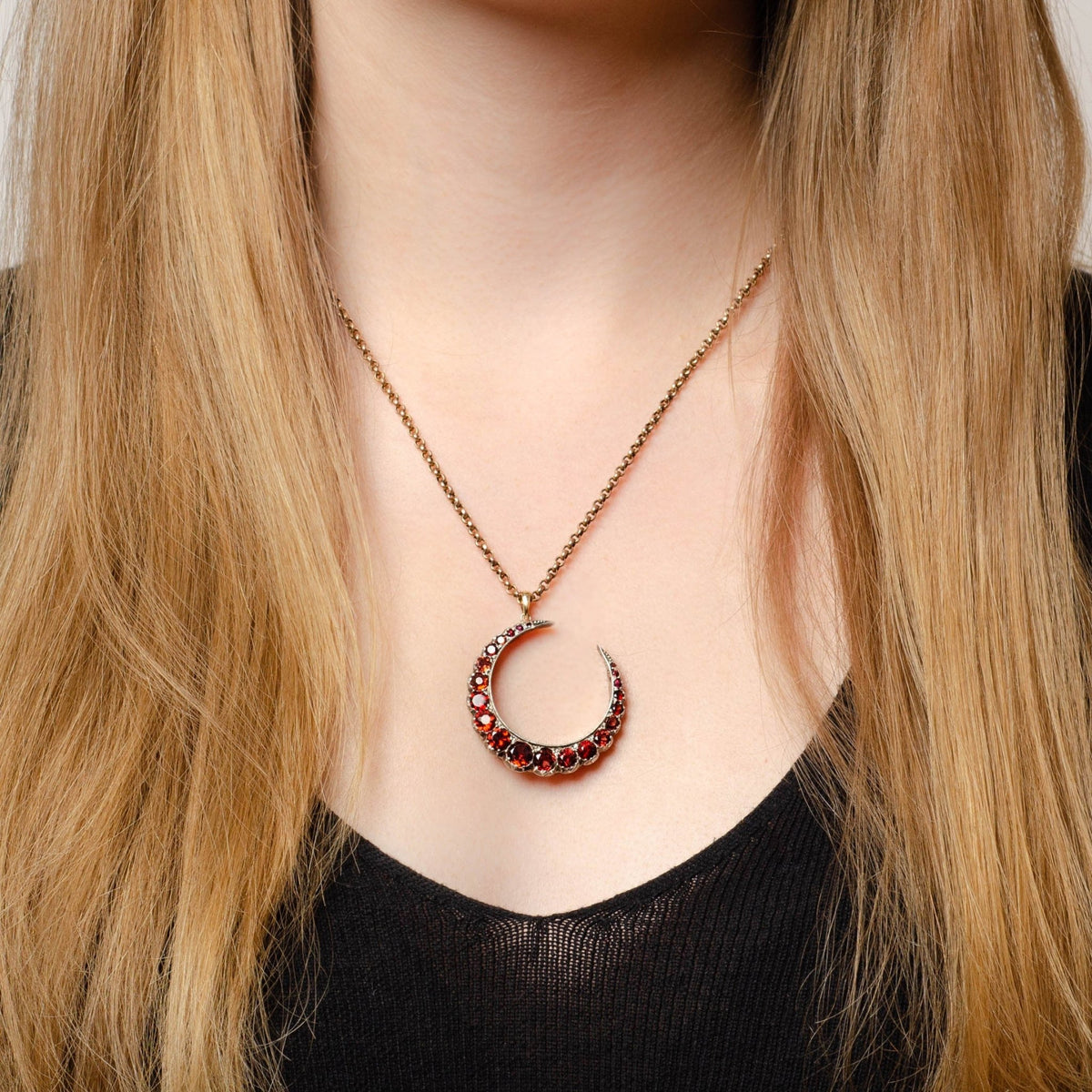 Antique Garnet Crescent Moon | Silver Topped 14k Gold Pendant on Optional 9ct Gold Chain - Trademark Antiques