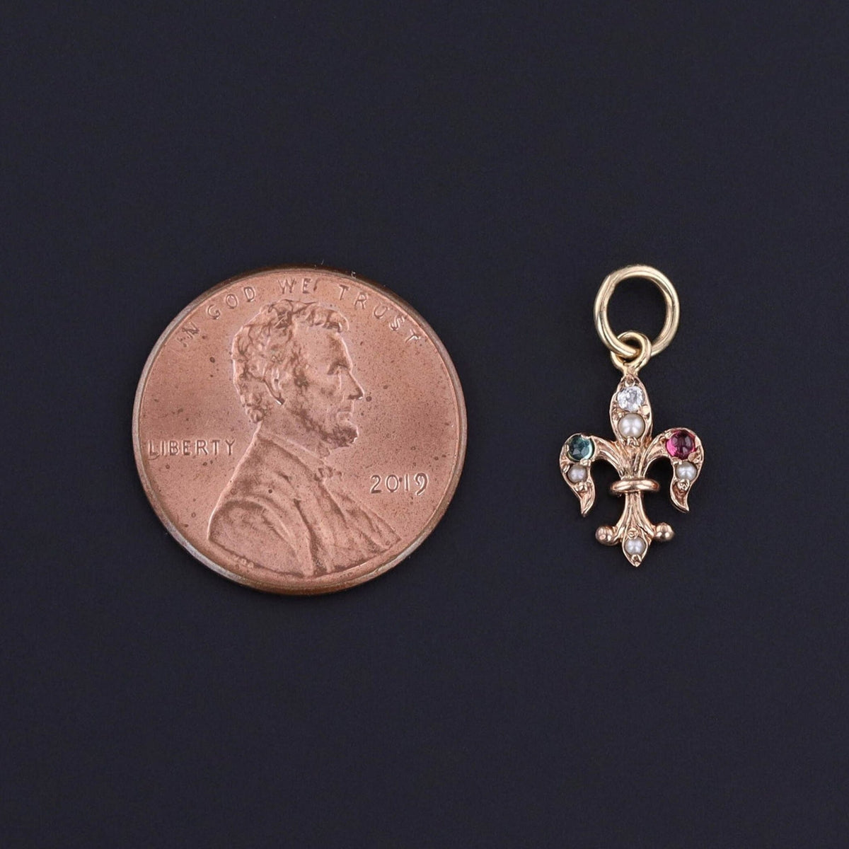Antique Gemstone Fleur - de - lis Charm of 10k Gold - Trademark Antiques