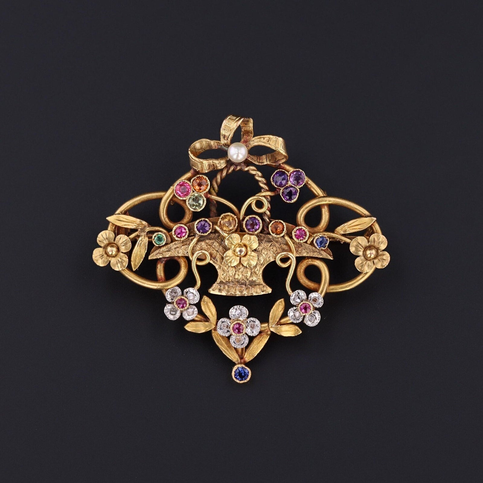 Antique Gemstone Flower Basket Pin | Antique Brooch or Pendant - Trademark Antiques