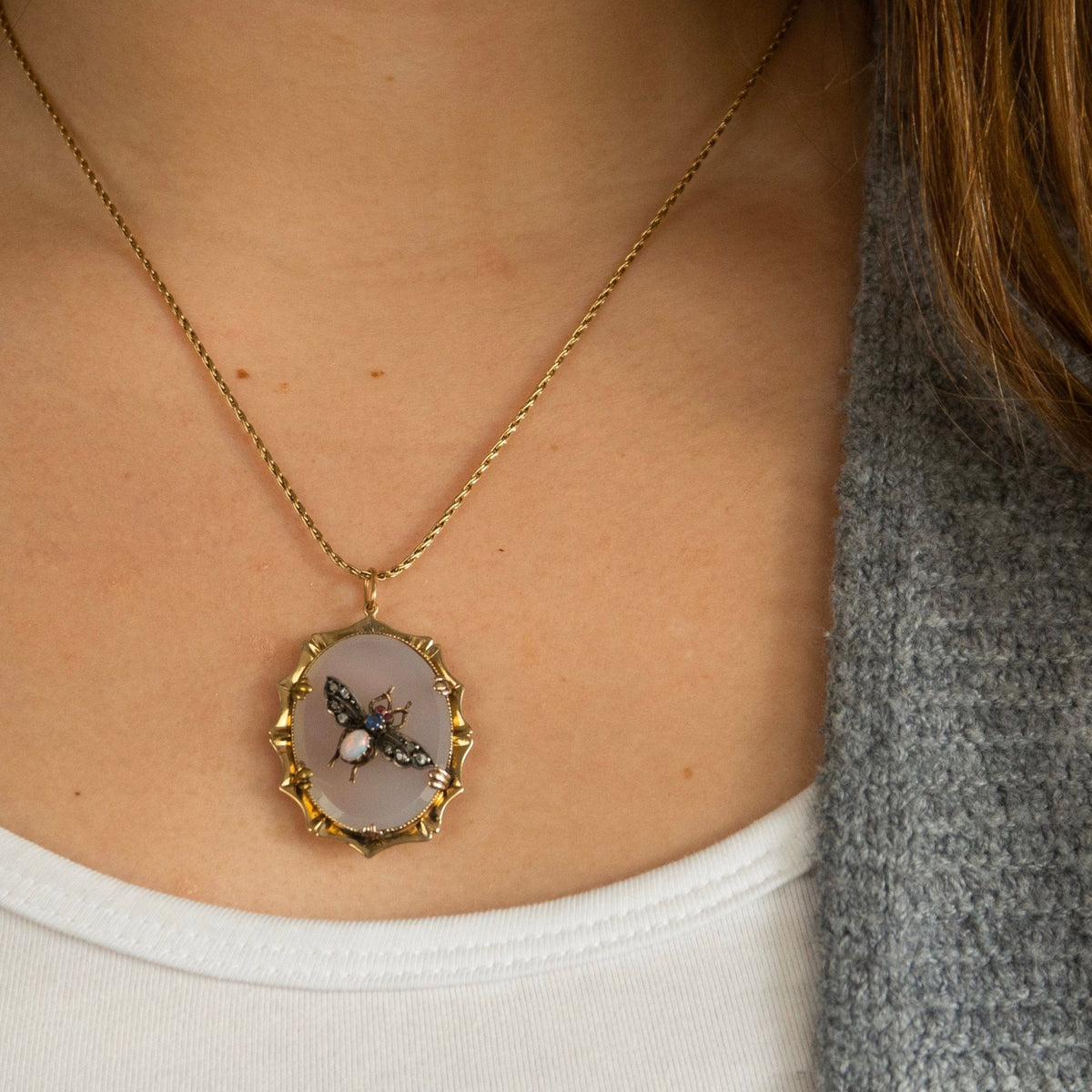 Antique Gemstone Insect Pendant | 14k Gold &amp; Fly Pendant - Trademark Antiques