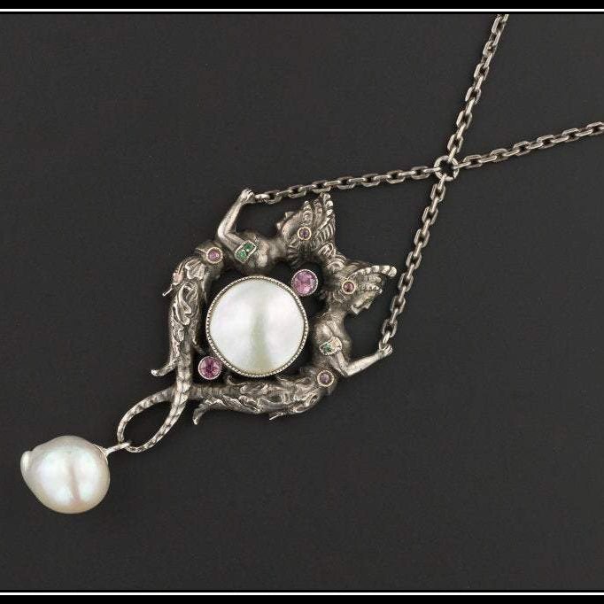 Antique German Silver Necklace | Sterling Silver Mermaid Necklace - Trademark Antiques