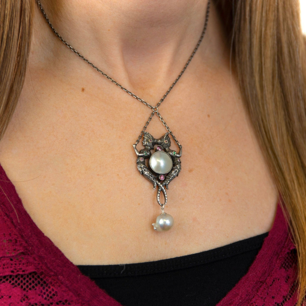 Antique German Silver Necklace | Sterling Silver Mermaid Necklace - Trademark Antiques