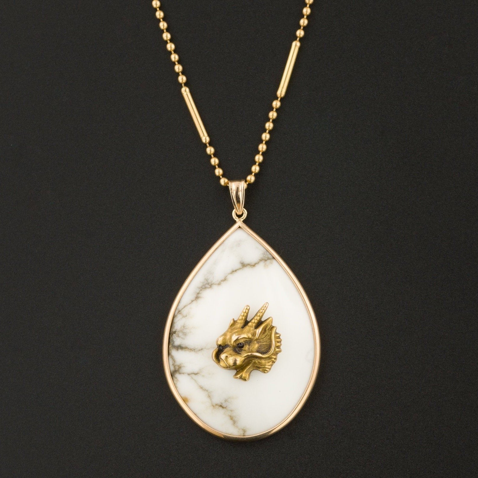 Antique Gold Dragon on Howlite Pendant | 14k Gold Pendant on Optional 14k Chain - Trademark Antiques