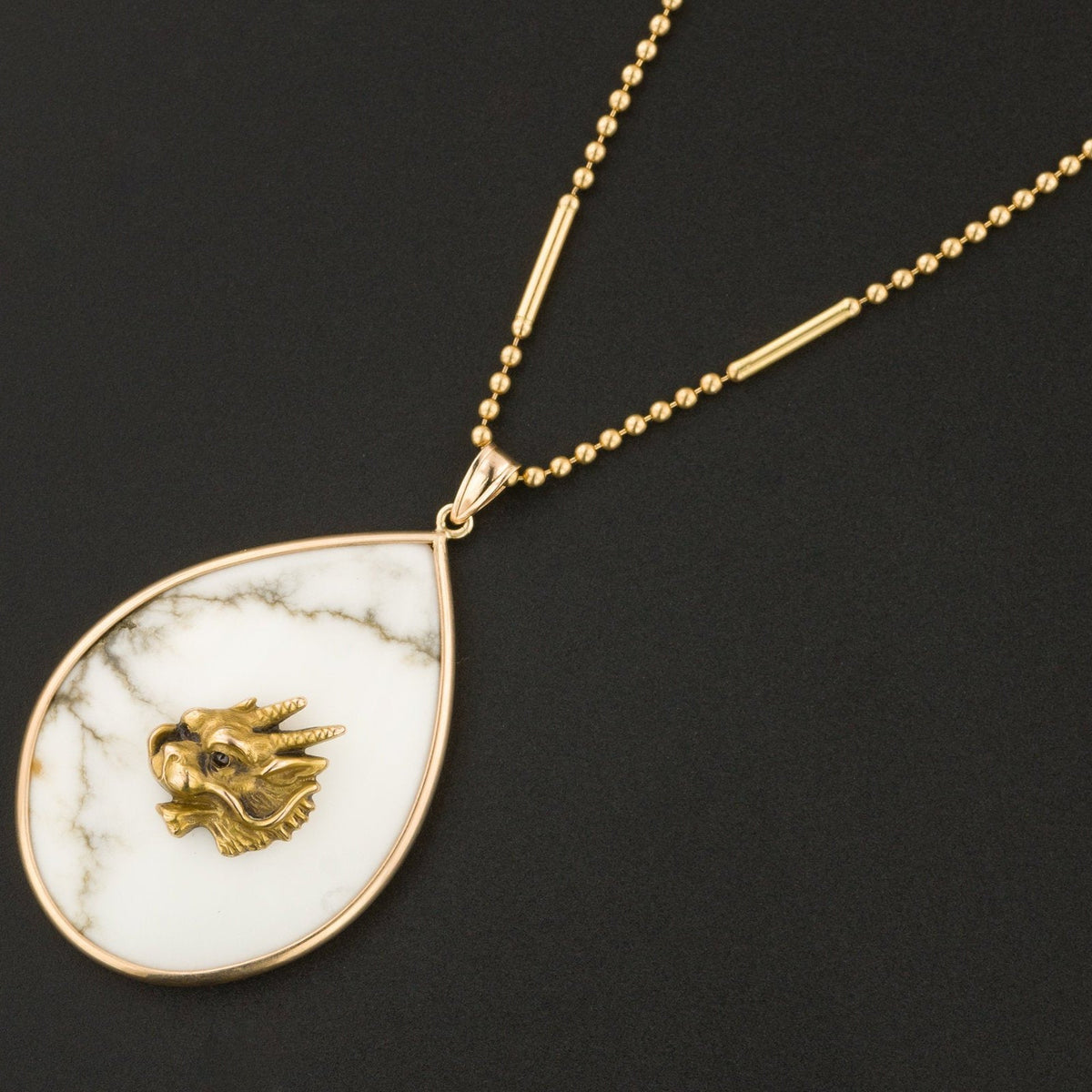 Antique Gold Dragon on Howlite Pendant | 14k Gold Pendant on Optional 14k Chain - Trademark Antiques