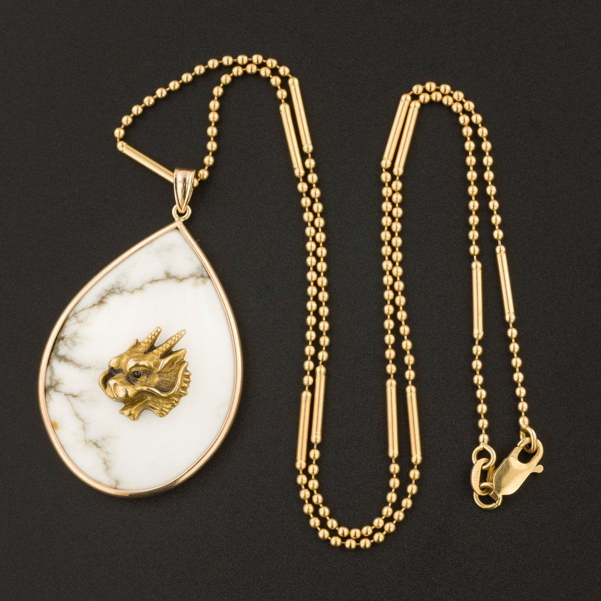 Antique Gold Dragon on Howlite Pendant | 14k Gold Pendant on Optional 14k Chain - Trademark Antiques