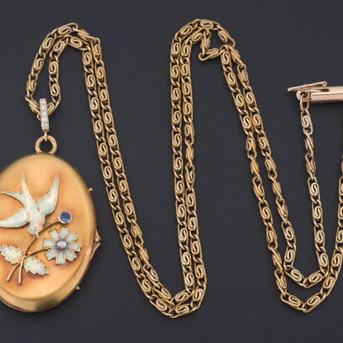 Antique Gold &amp; Enamel Locket | Art Nouveau Bird Locket - Trademark Antiques
