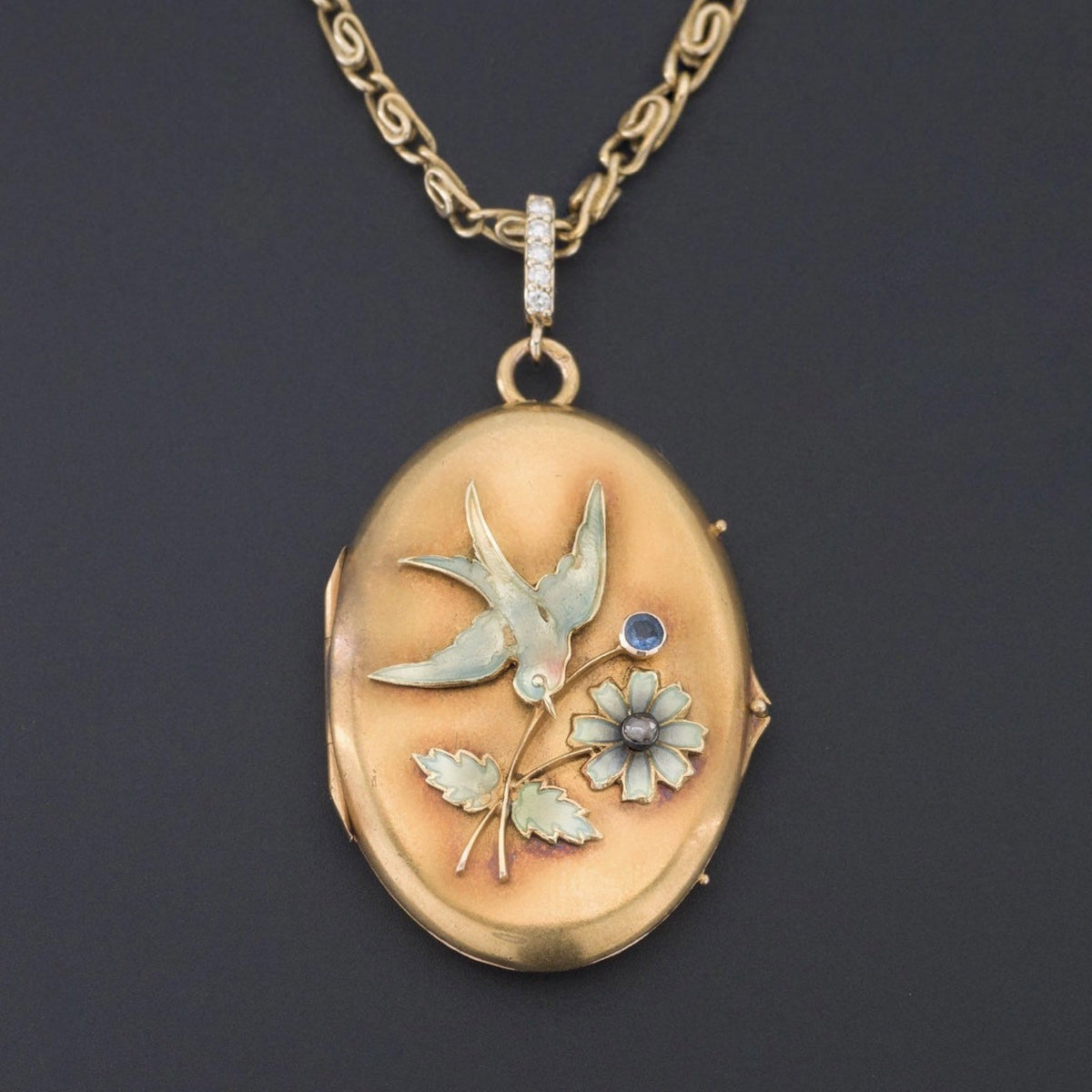 Antique Gold &amp; Enamel Locket | Art Nouveau Bird Locket - Trademark Antiques
