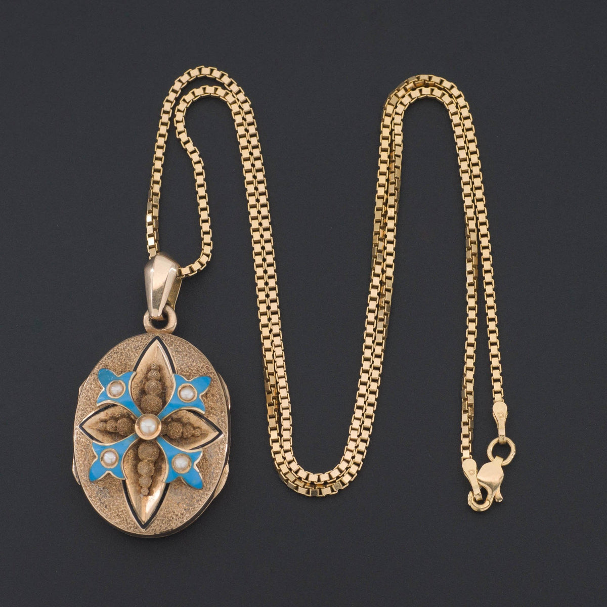 Antique Gold Locket | Blue Enamel and Pearl Locket - Trademark Antiques