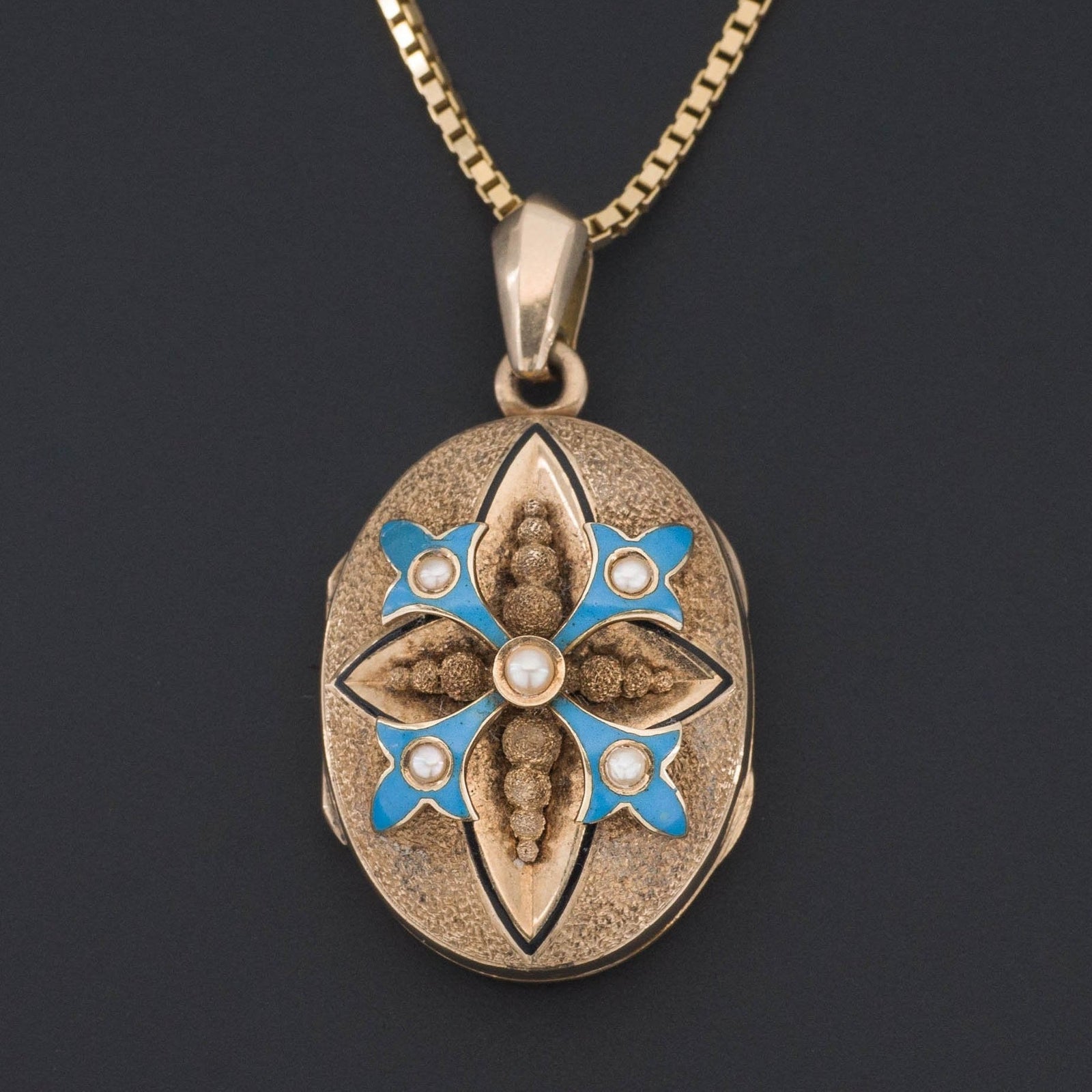 Antique Gold Locket | Blue Enamel and Pearl Locket - Trademark Antiques