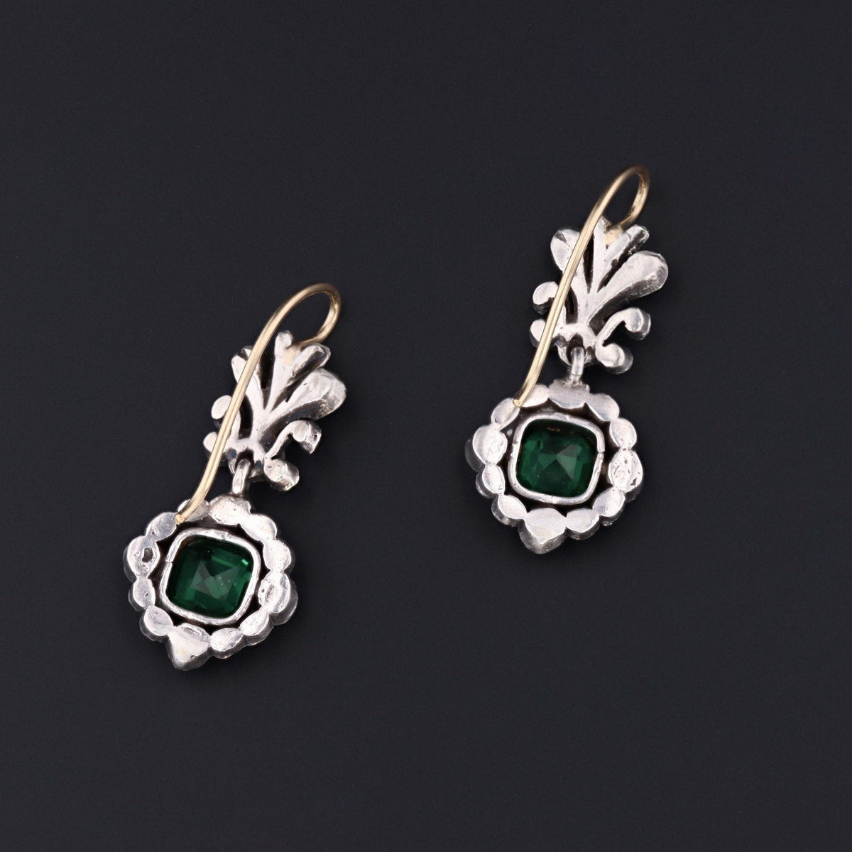 Antique Green and Clear Paste Earrings | 14k Gold &amp; Silver Earrings - Trademark Antiques