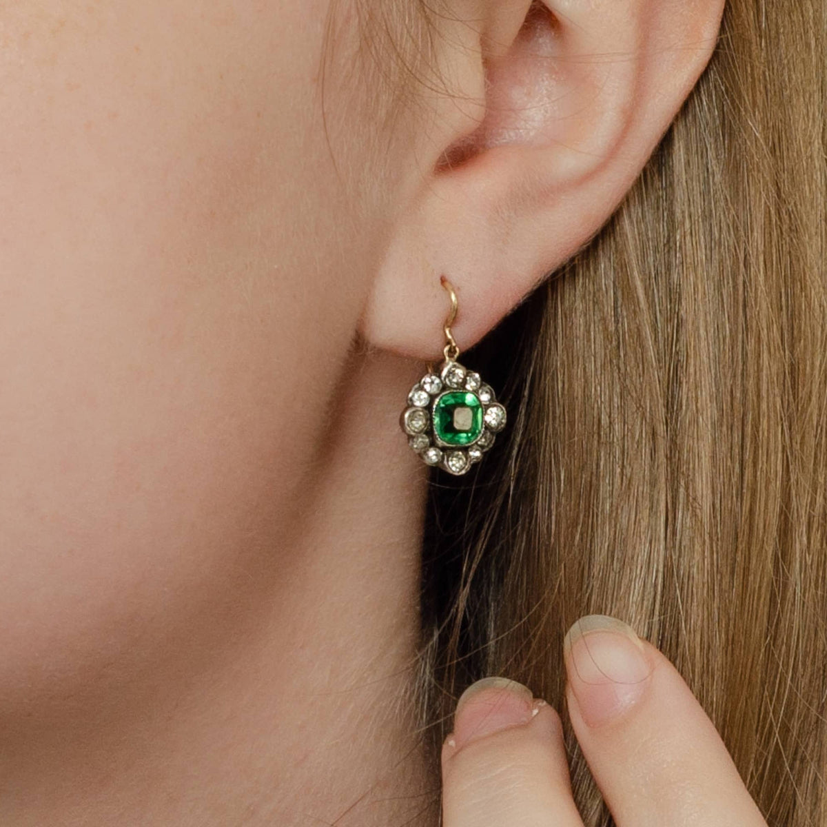 Antique Green and Clear Paste Earrings | 14k Gold &amp; Silver Earrings - Trademark Antiques