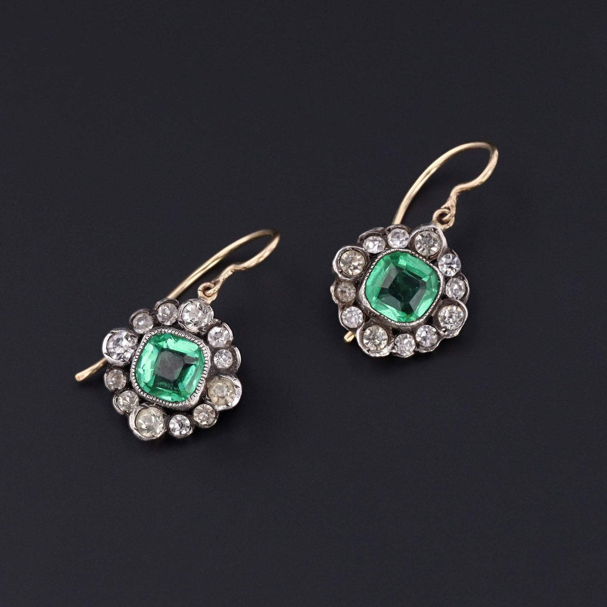 Antique Green and Clear Paste Earrings | 14k Gold &amp; Silver Earrings - Trademark Antiques