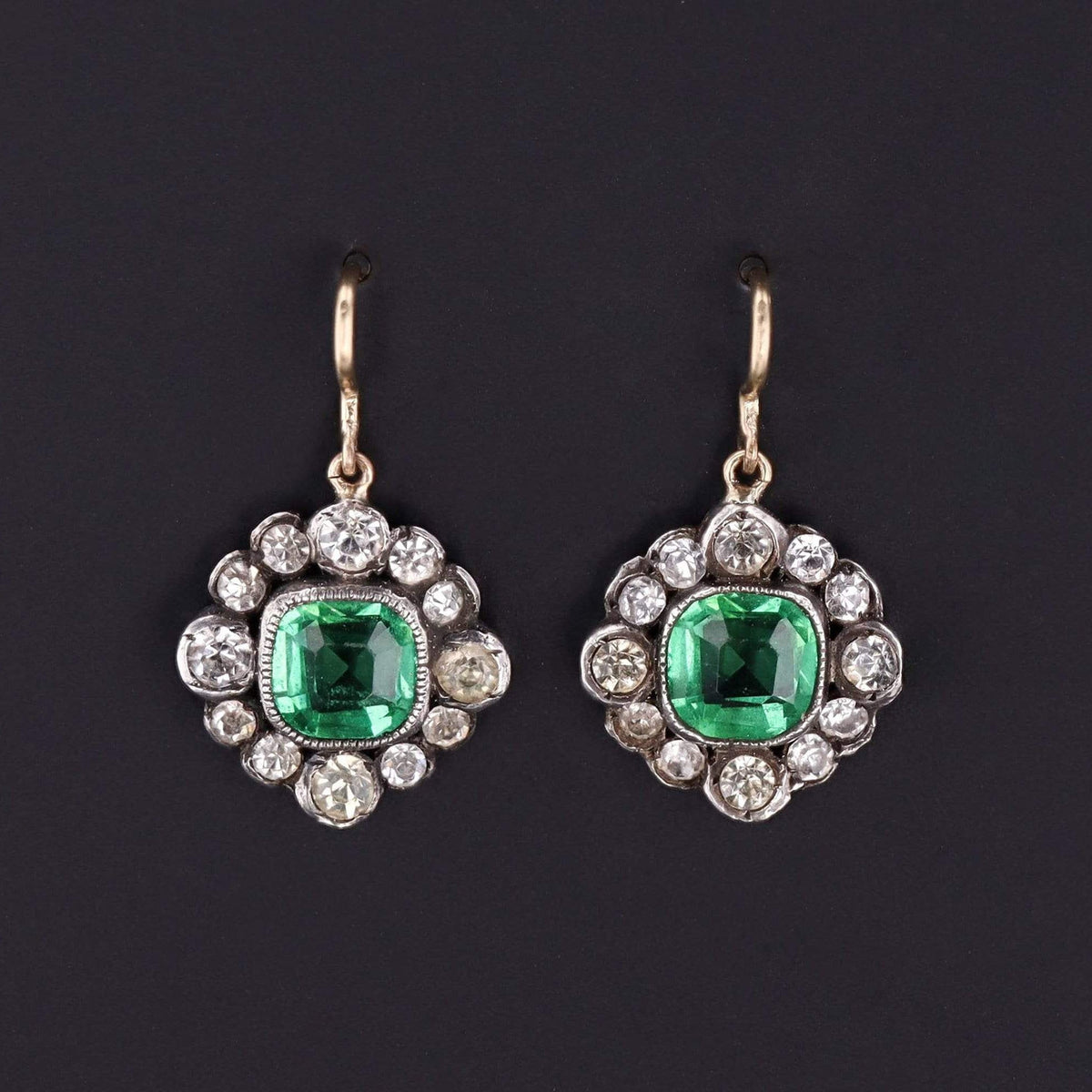 Antique Green and Clear Paste Earrings | 14k Gold &amp; Silver Earrings - Trademark Antiques