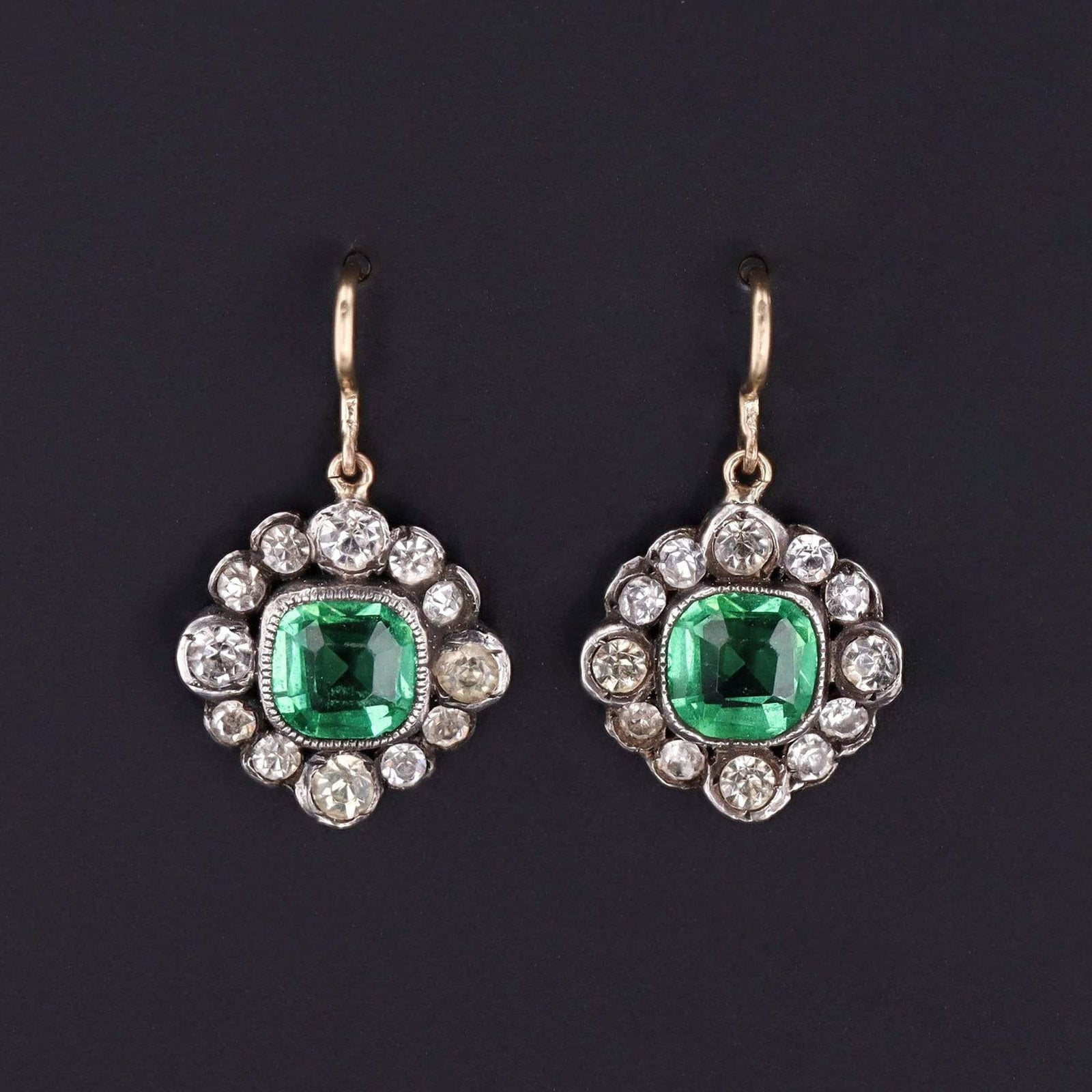 Antique Green and Clear Paste Earrings | 14k Gold & Silver Earrings - Trademark Antiques