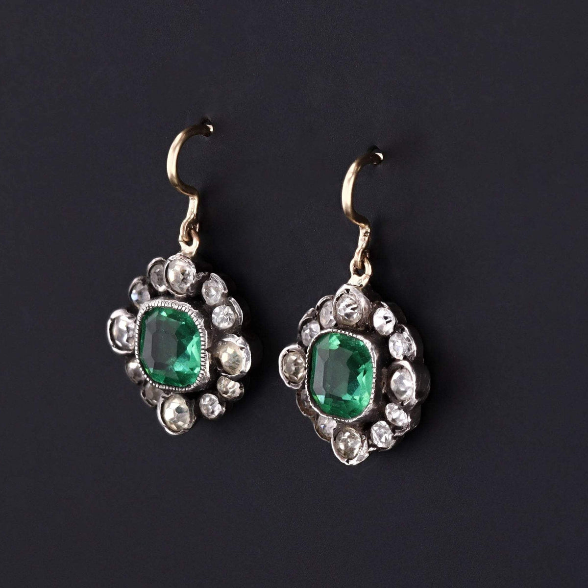 Antique Green and Clear Paste Earrings | 14k Gold &amp; Silver Earrings - Trademark Antiques