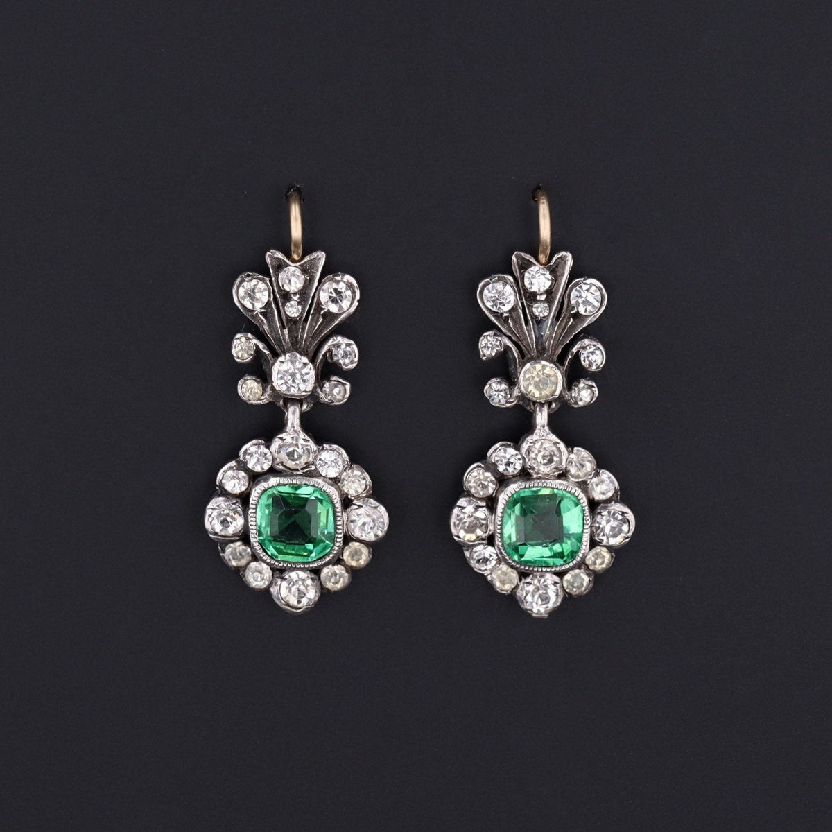 Antique Green and Clear Paste Earrings | 14k Gold &amp; Silver Earrings - Trademark Antiques