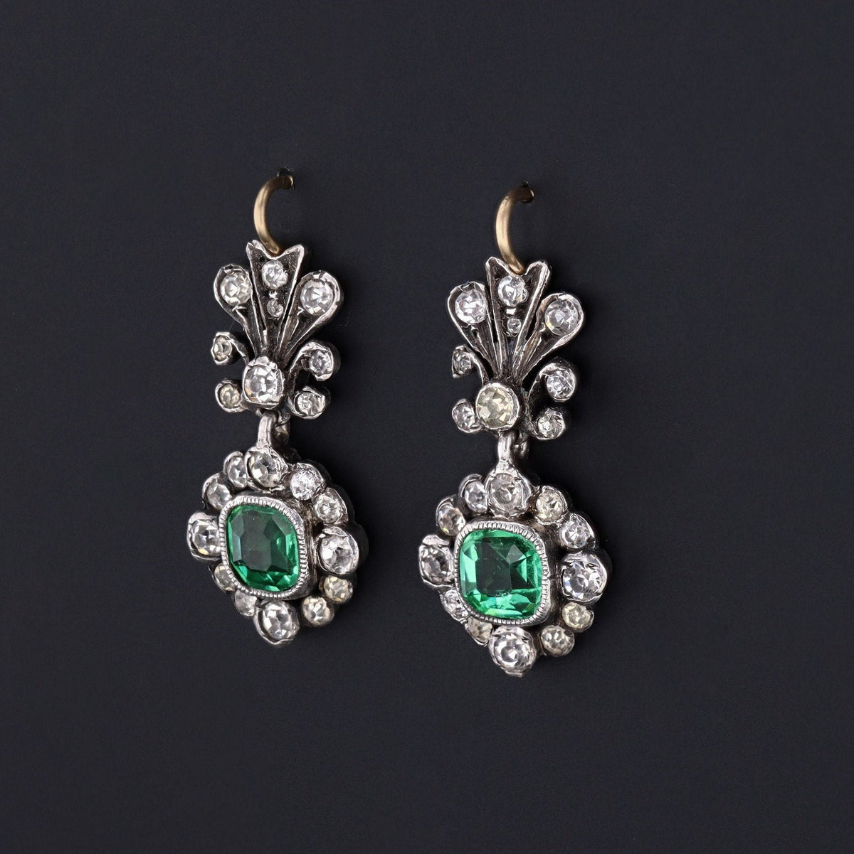 Antique Green and Clear Paste Earrings | 14k Gold &amp; Silver Earrings - Trademark Antiques