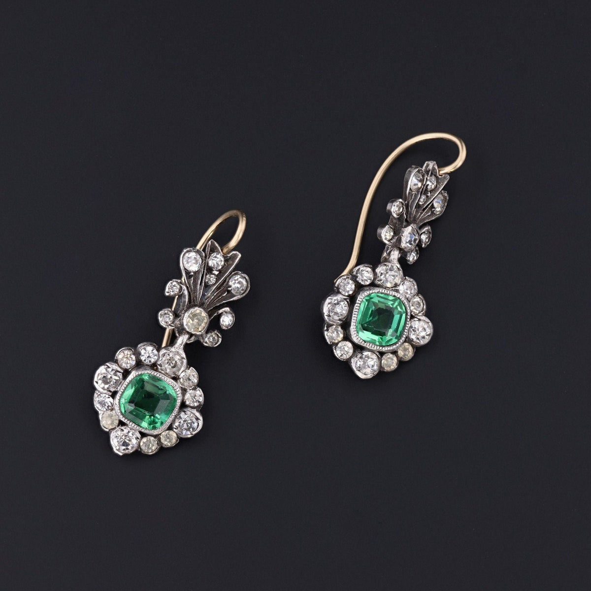 Antique Green and Clear Paste Earrings | 14k Gold &amp; Silver Earrings - Trademark Antiques