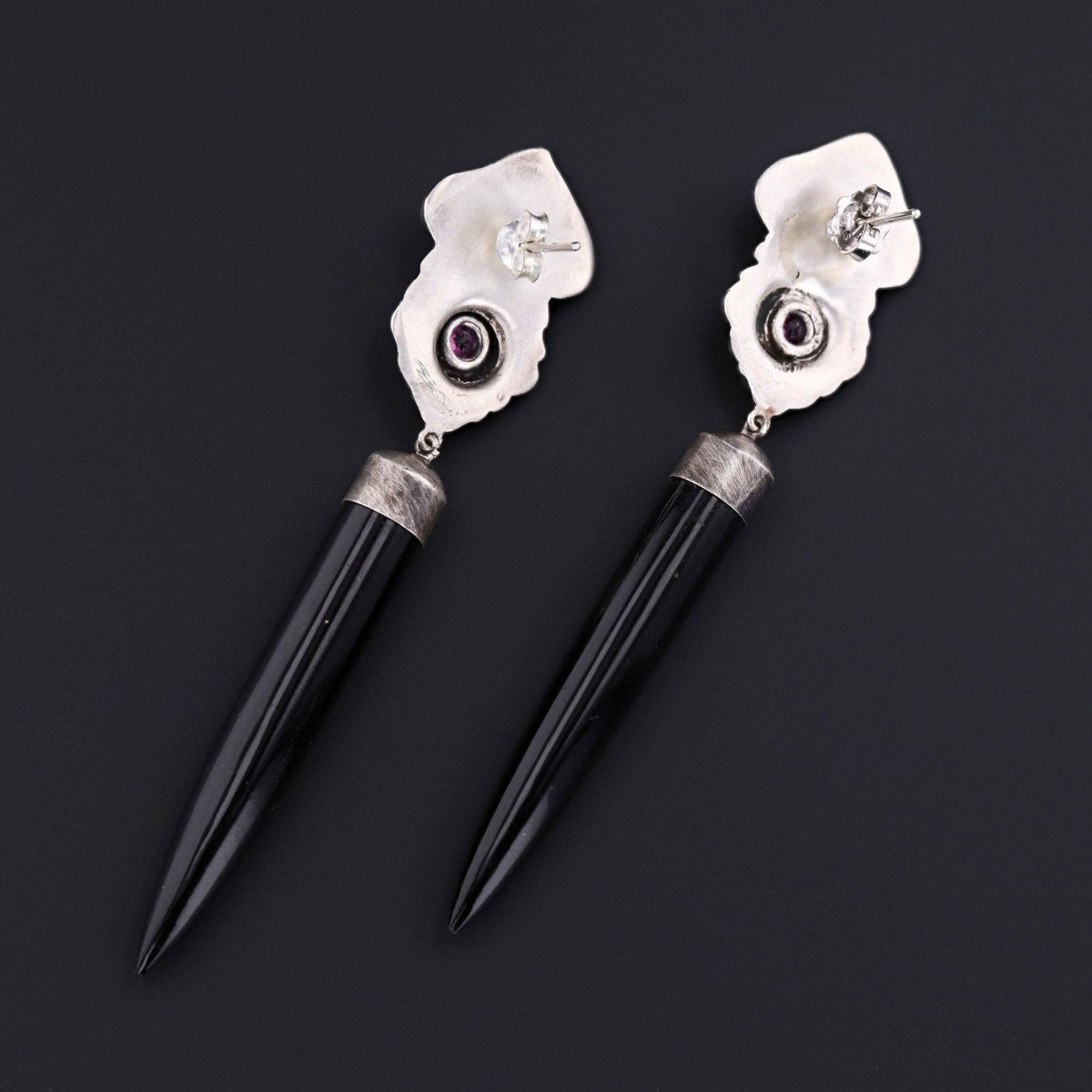 Antique Greenman Conversion Earrings with Black Jade Spears - Trademark Antiques