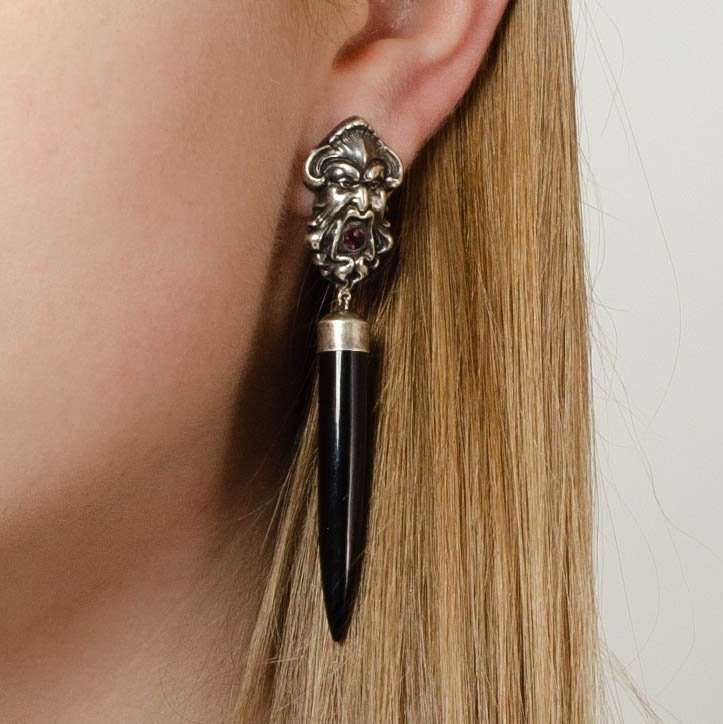 Antique Greenman Conversion Earrings with Black Jade Spears - Trademark Antiques