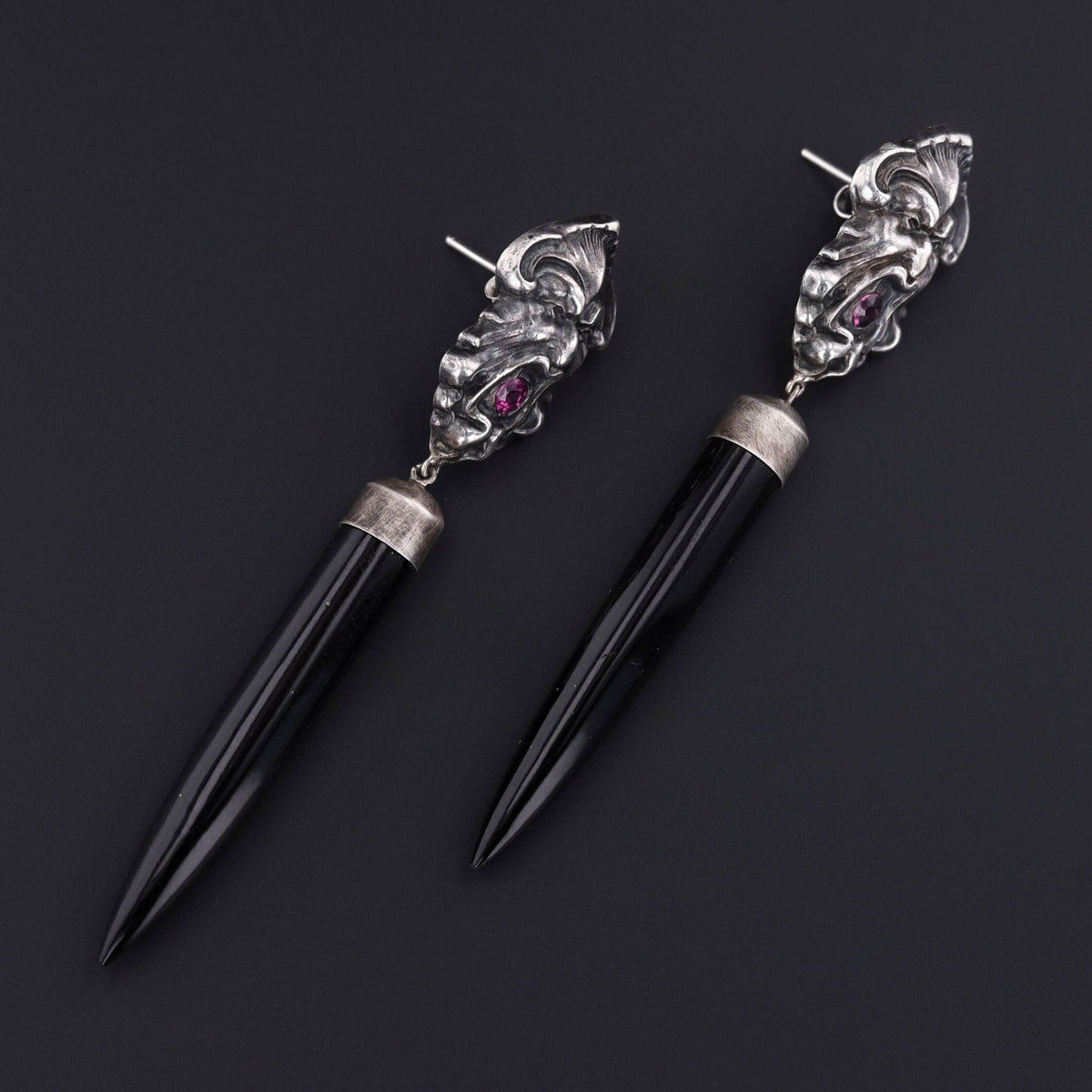 Antique Greenman Conversion Earrings with Black Jade Spears - Trademark Antiques