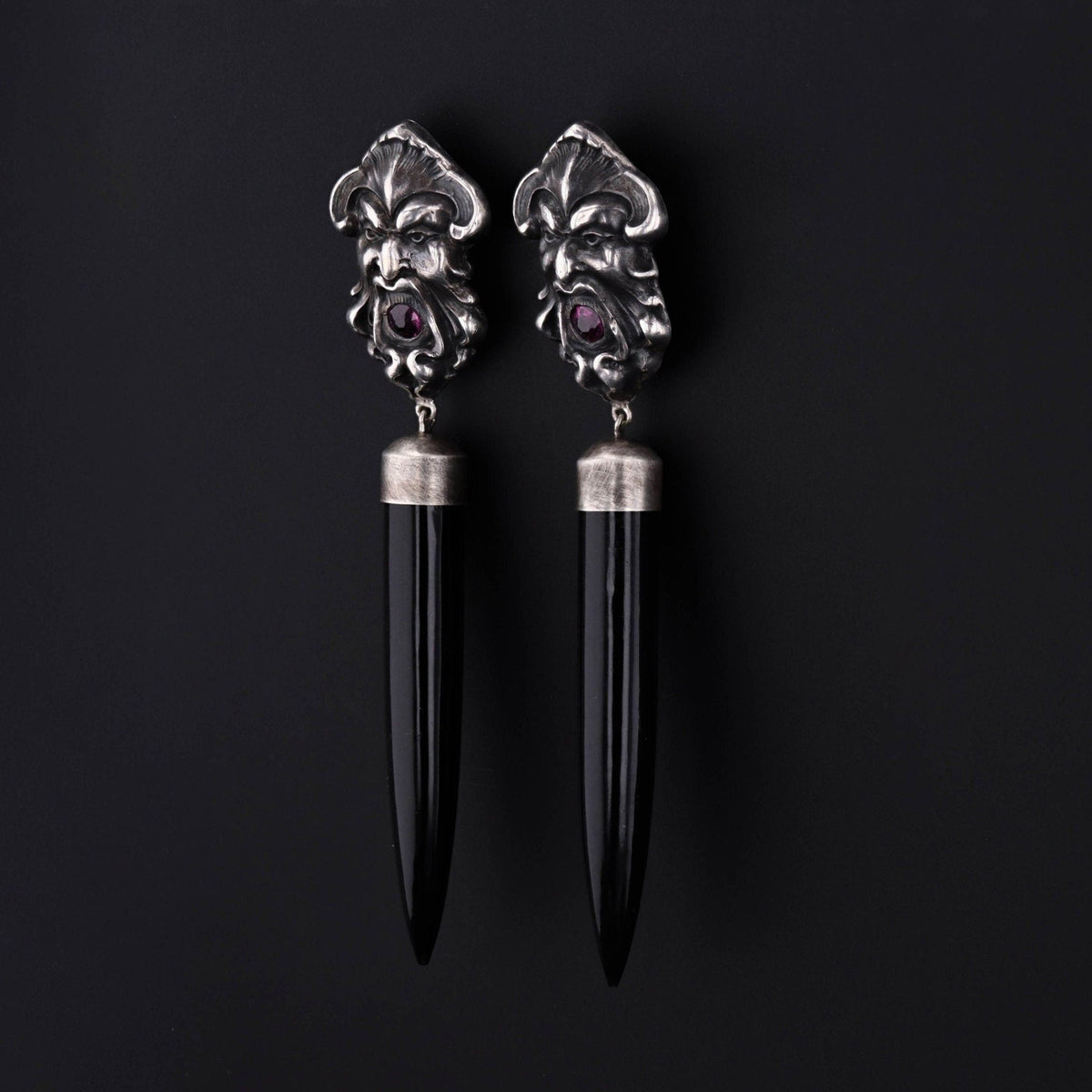 Antique Greenman Conversion Earrings with Black Jade Spears - Trademark Antiques