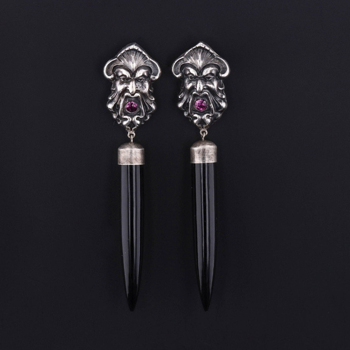 Antique Greenman Conversion Earrings with Black Jade Spears - Trademark Antiques